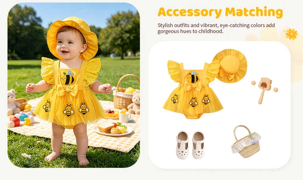 Baby Girl Summer Yellow Bee Jumpsuit Set: Sleeveless Patchwork Chiffon Jumpsuit And Matching Sun Hat, Suitable for Outdoor Outings (0-18 Months)