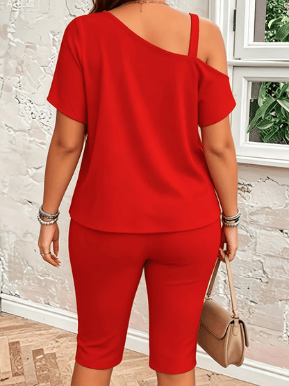 Plus Size, 9802 Plus Size Women's Off-Shoulder 2pcs Set: Casual Top + Capri Pants, Suitable for Summer Daily Wear, Both At Home and Out