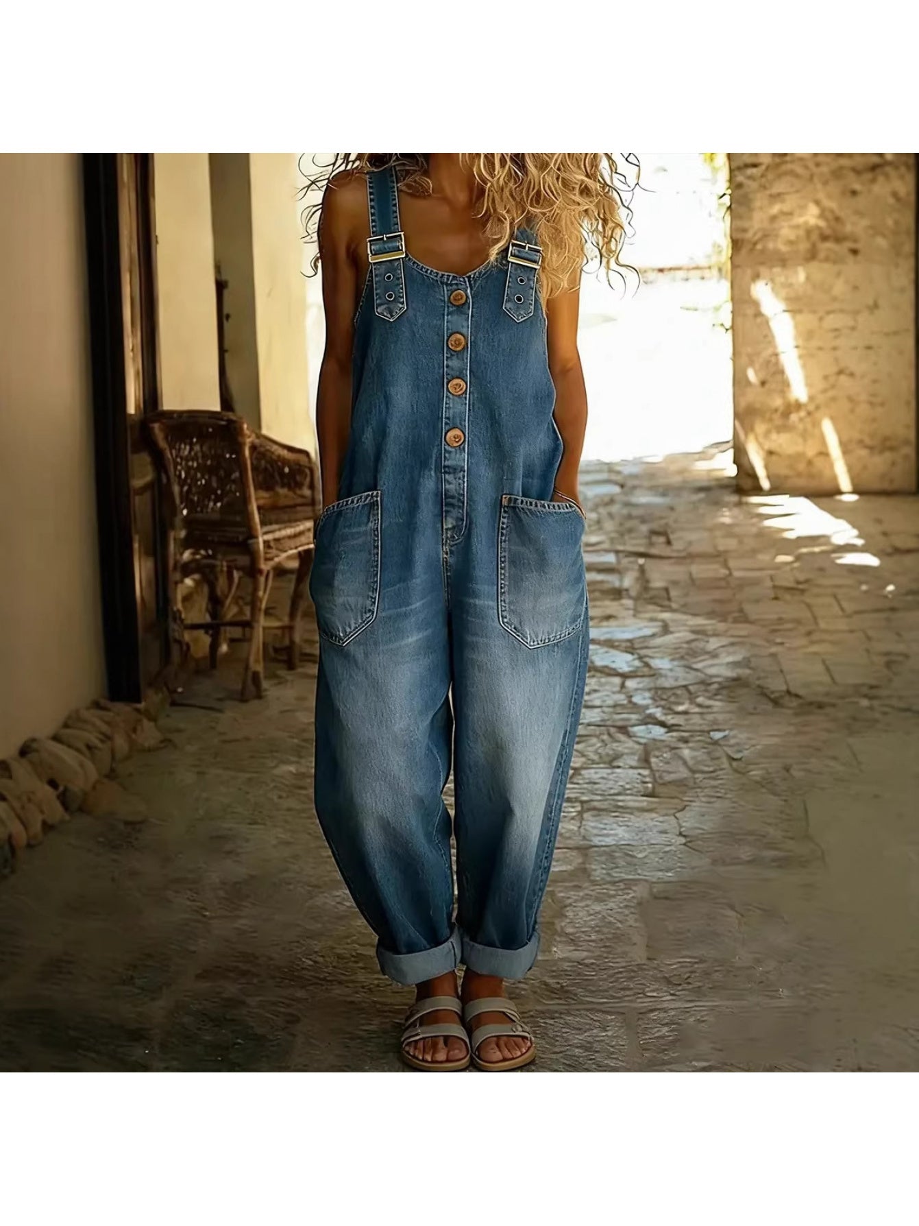 Plus Size, Items Run Small, Please Order According to Our Size Chart. Plus Size Women's Casual Loose Denim Overalls with Button Pockets, Denim Jumpsuit for Daily Wear.