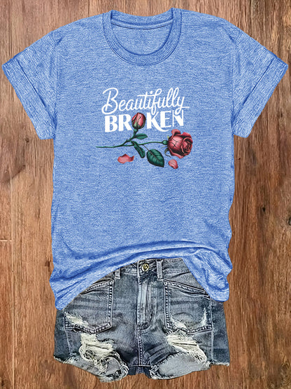 Ladies' European-Style Round Neck Short Sleeve T-Shirt for Summer, Lightweight and Breathable, Front and Back with Stylish Floral Prints and 'Beautifully Broken' Text, Perfect Comfort Fit for Daily Wear, A Versatile and Chic Choice for Laid-Back