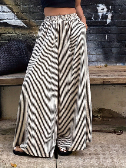 Casual Women'S Striped Wide-Leg Trousers Made Of, Featuring an Elastic Waistband, Machine Washable Fabric, Vertical Stripes, And Suitable for Comfortable Wear Throughout The Year