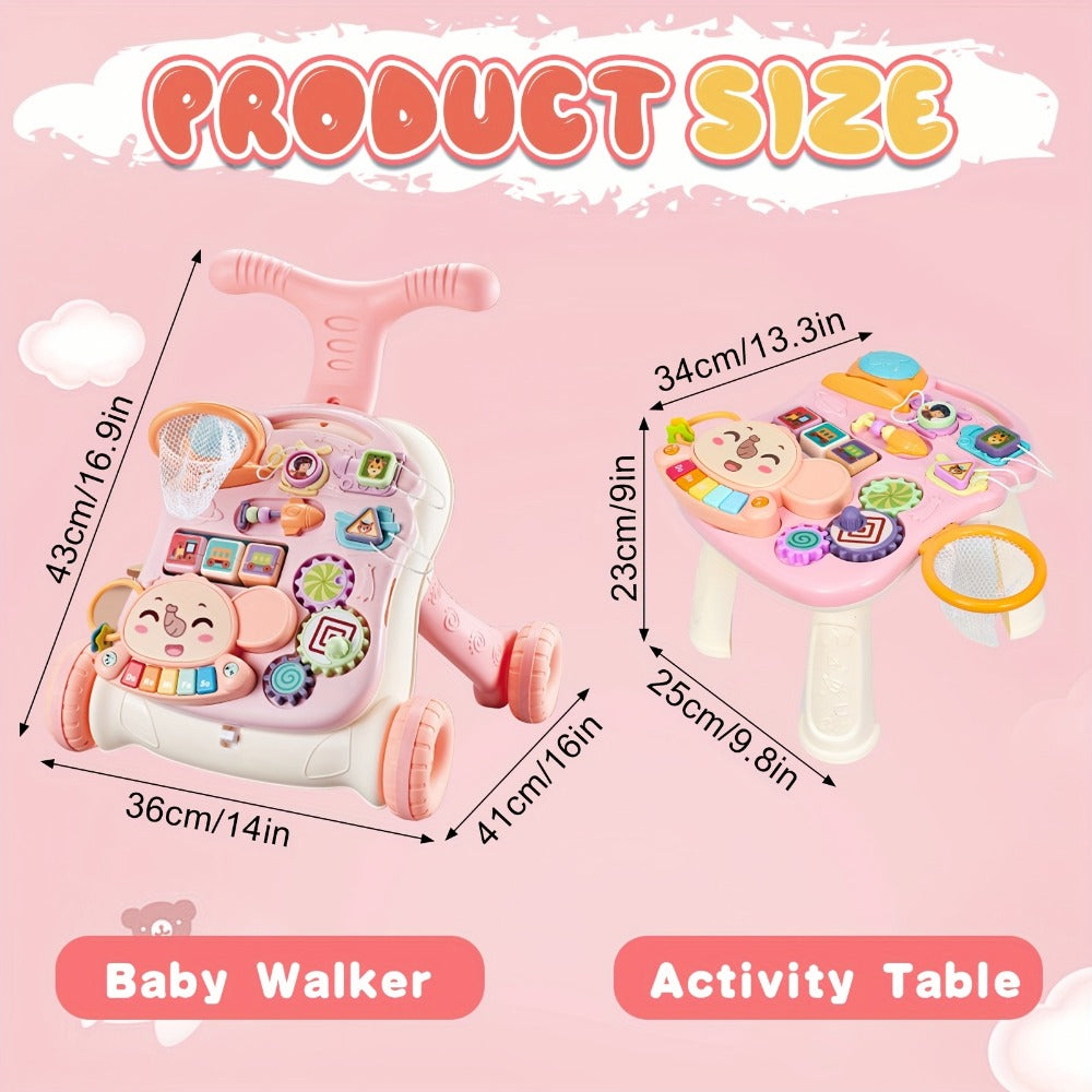5-in-1 Sit-to-Stand Baby Walker - Walker, balance bike, activity table and music panel modes