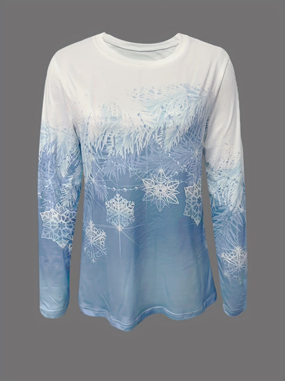 Christmas Clothes For Women Snowflake Printed Round Neck T-shirt, Spring And Autumn Casual Long Sleeve Top, Women Clothing