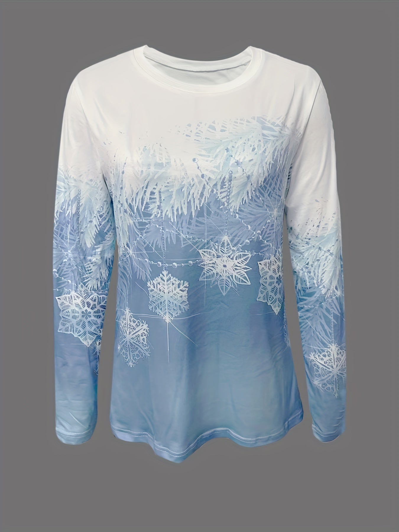 Christmas Clothes For Women Snowflake Printed Round Neck T-shirt, Spring And Autumn Casual Long Sleeve Top, Women Clothing