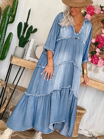 European And American Women'S Fashionable Ruffled Denim Dress