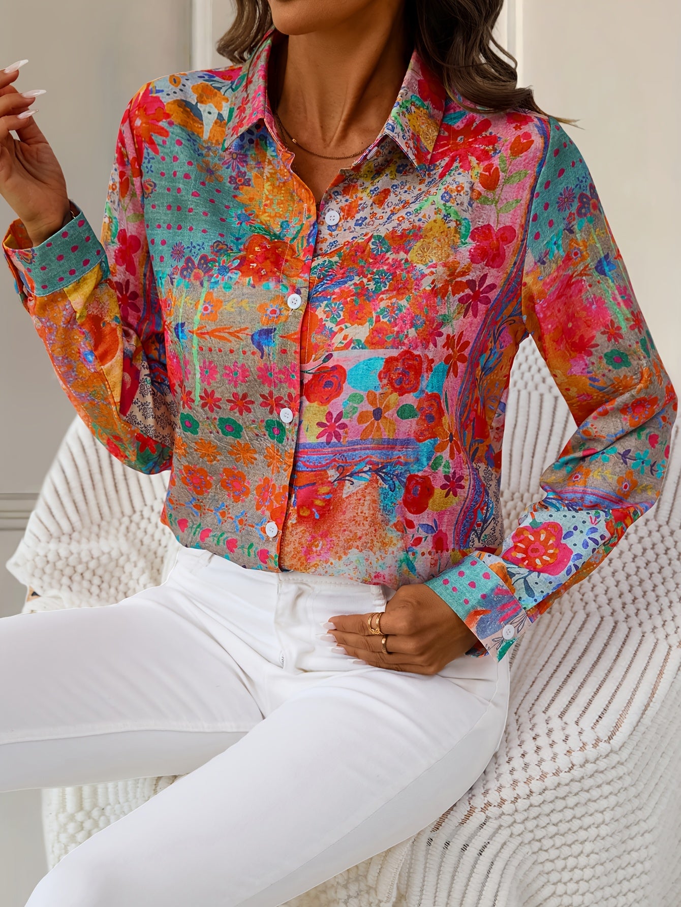 This Retro Bohemian-Style Long-Sleeved Shirt with Colorful Floral Patterns Is Fashionable, Versatile And Eye-Catching. It'S A Outfit with Unique Patterns
