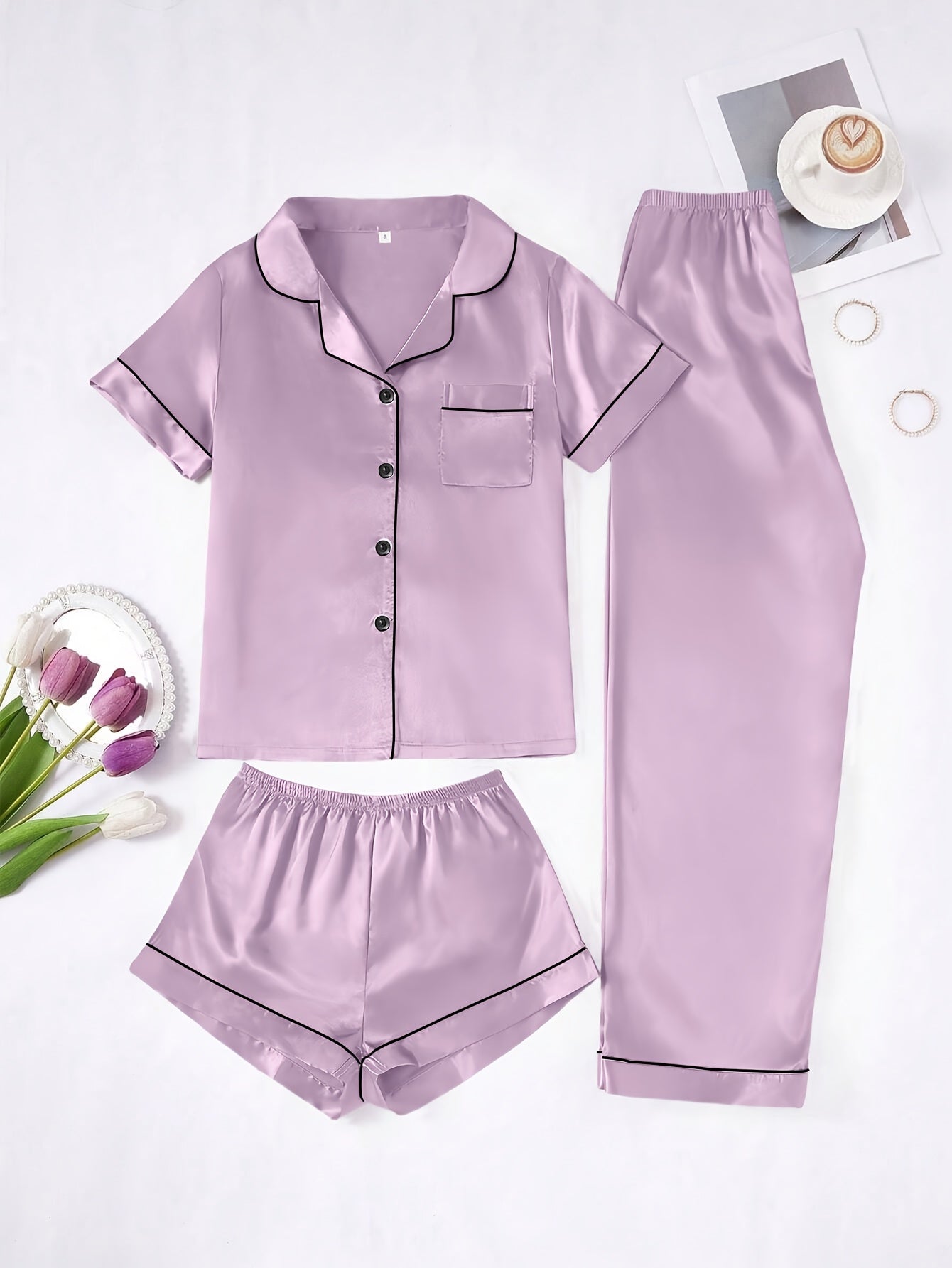 Solid Color Women'S Simple And Comfortable 3pcs Pajama Set, Includes 3pcss: Collared Short-Sleeve Top & Elastic Waist Shorts & Elastic Waist Long Pants Women'S Pajama Set