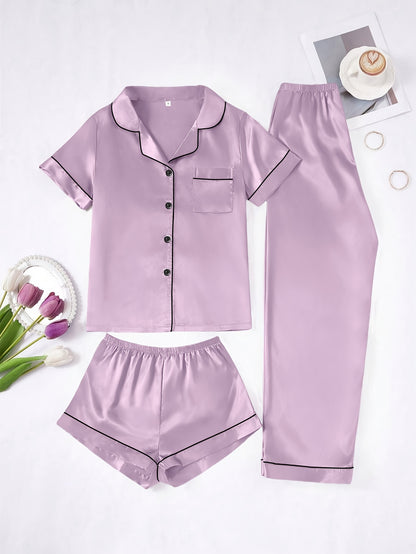 Solid Color Women'S Simple And Comfortable 3pcs Pajama Set, Includes 3pcss: Collared Short-Sleeve Top & Elastic Waist Shorts & Elastic Waist Long Pants Women'S Pajama Set
