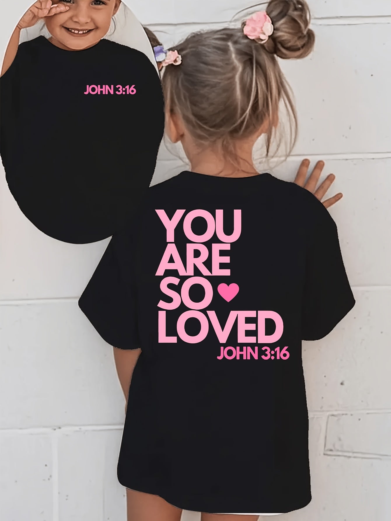 Girls' Christian Faith Theme T-Shirt, Print with John 3:16 Bible Verse - Double-Sided You Are So Loved Pink Lettering, 180Gsm Breathable, Short Sleeve Round Neck Casual Church Wear, Machine Washable All-Season Comfort