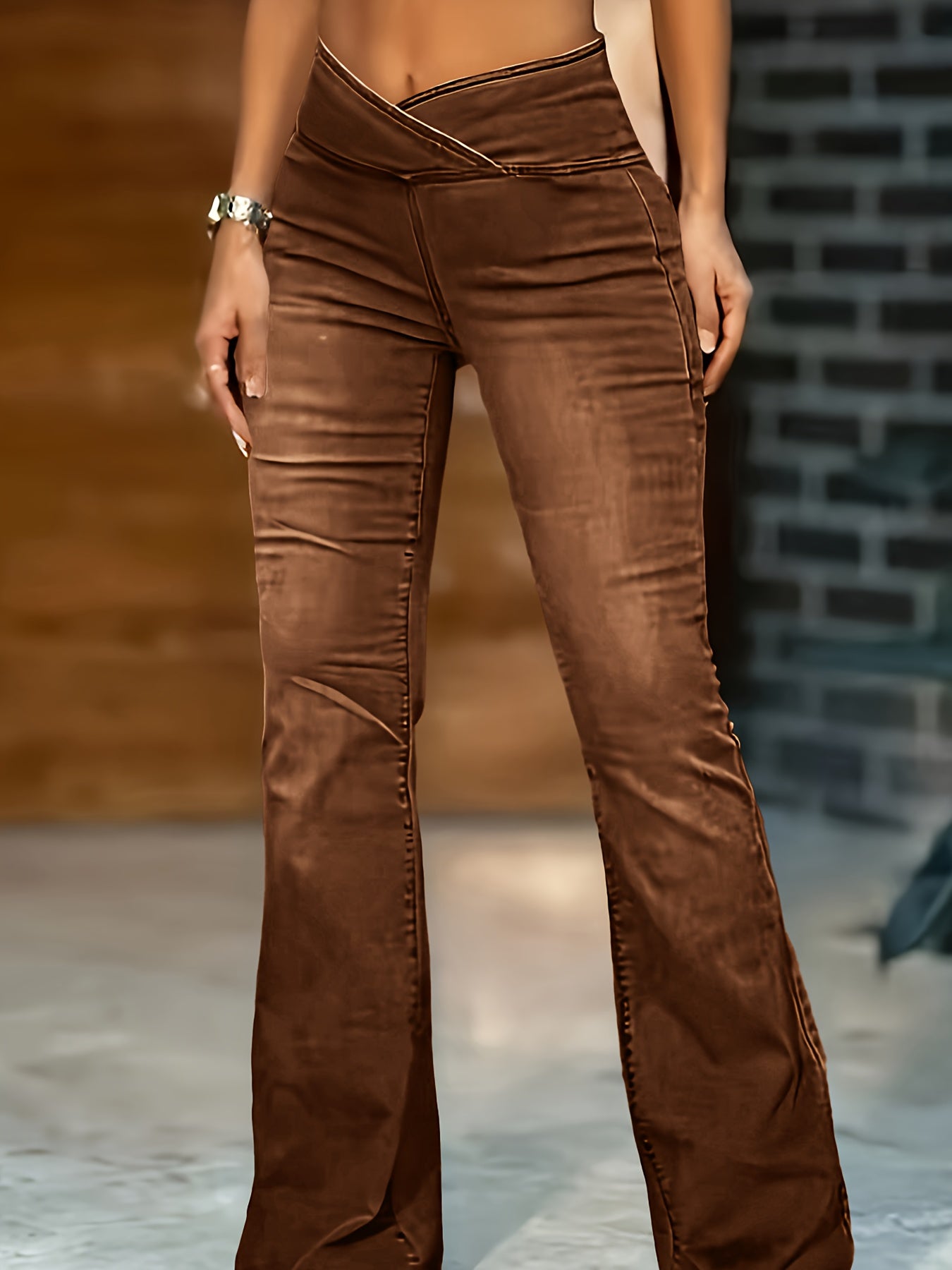 Women's High-Waisted Stretch Jeans - Wide-Leg Bell-Bottom Flared Pants with Cross-Waist , -Like Rayon//Spandex (75/23/2%), All-Season Casual to Dressy Wear, Wrinkle-Resistant Trousers