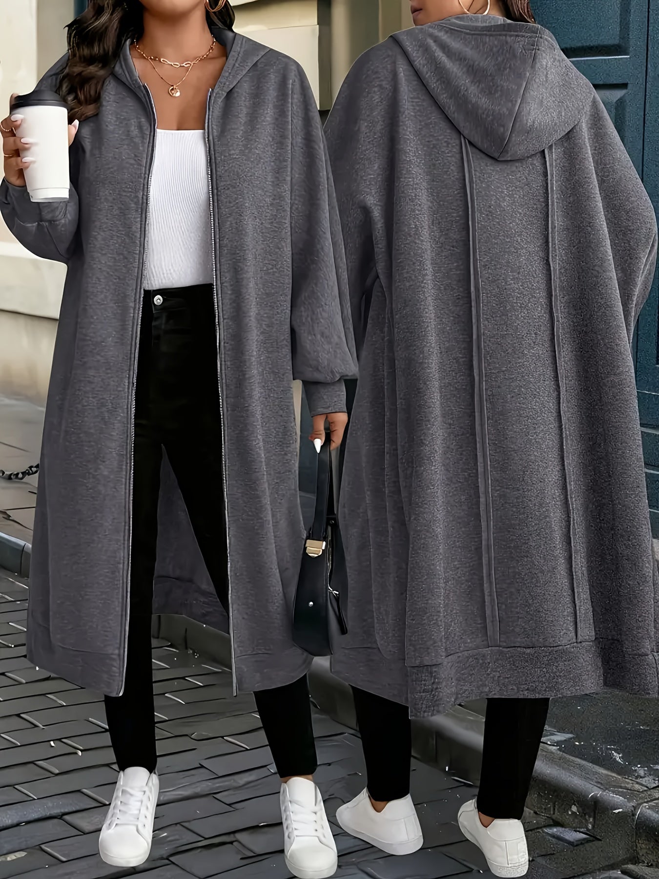 Plus Size - Plus Size - Plus Size Women'S Elegant Hooded Coat - Long Formal to Casual Outerwear, Zipper Closure, All-Season Chic Jacket for Everyday And Special Occasions, Stylish Layering Piece, Sophisticated Design, Durable Construction