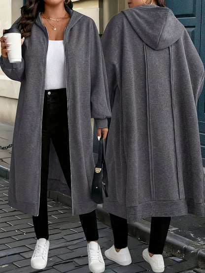Plus Size - Plus Size - Plus Size Women'S Elegant Hooded Coat - Long Formal to Casual Outerwear, Zipper Closure, All-Season Chic Jacket for Everyday And Special Occasions, Stylish Layering Piece, Sophisticated Design, Durable Construction