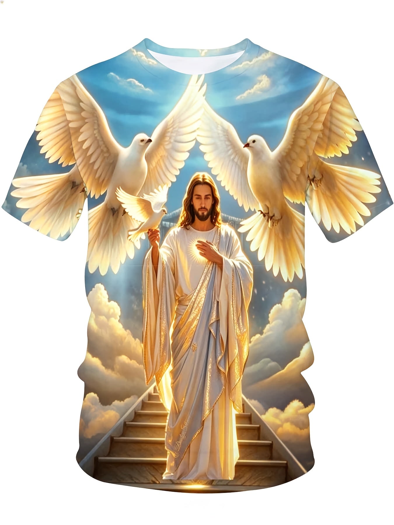 Jesus Christ With Doves And Heavenly Stairs Religious Christian T-Shirt For Men Full Print Design Faith Inspired Apparel, Plus Size