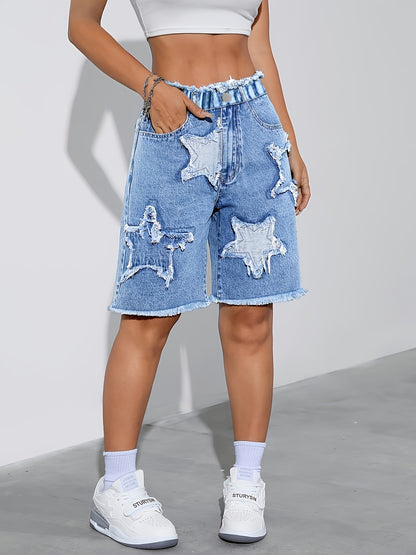Girls' Fashionable Versatile Y2K Star Patch Embroidered Denim Shorts, Zipper-Free, Stretchy Elastic Waist for All-Day Comfort. Trendy Summer Beach & Casual Wear, Ideal for Campus, Back-To-School & Festivals - a Cute Must-Have for Girls, for Outdoor