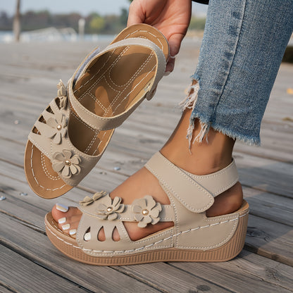 [Open-Toe Wedge Sandals] Women's Wedge Sandals Feature a Classic Combination of Open-Toe Design And Wedge Heel, Adorned with Three-Dimensional Floral Embellishments for a Summery, Women Shoes