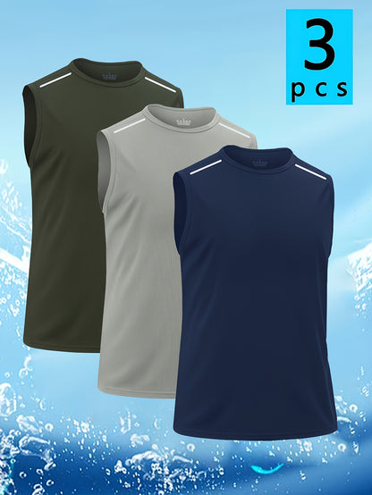 Set of 3 Men'S Sleeveless Vests with Reflective Features, Quick-Drying And Breathable, Ideal for Workouts, Running, And Casual Outings. Available in Black, Grey, And Navy Blue with Striped Crew Neck Design