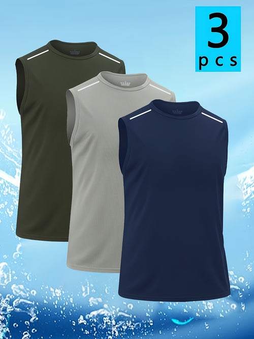 Set of 3 Men'S Sleeveless Vests with Reflective Features, Quick-Drying And Breathable, Ideal for Workouts, Running, And Casual Outings. Available in Black, Grey, And Navy Blue with Striped Crew Neck Design