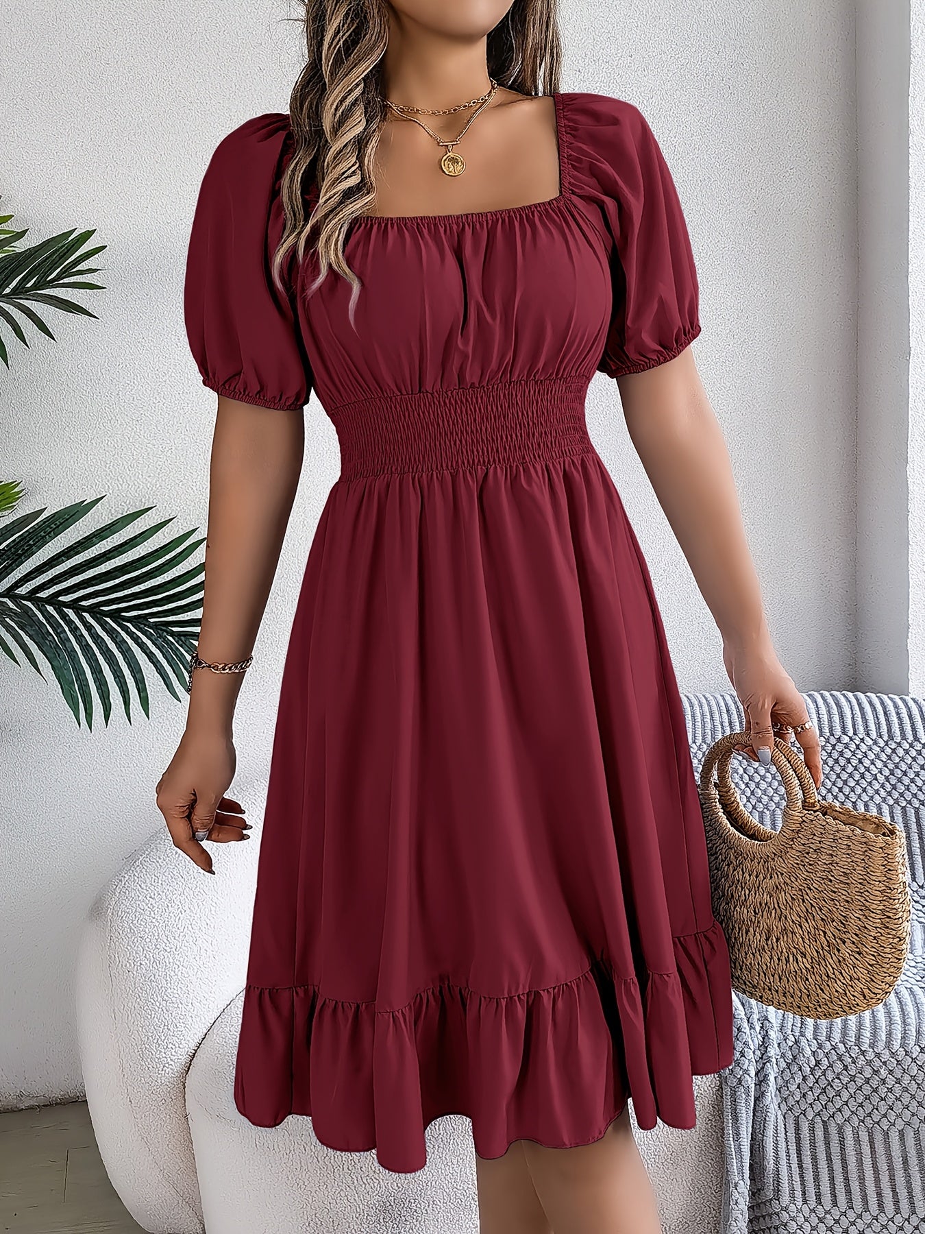Spring/Summer Women's Fashion Square Neckline Puff Sleeve A-Line Dress