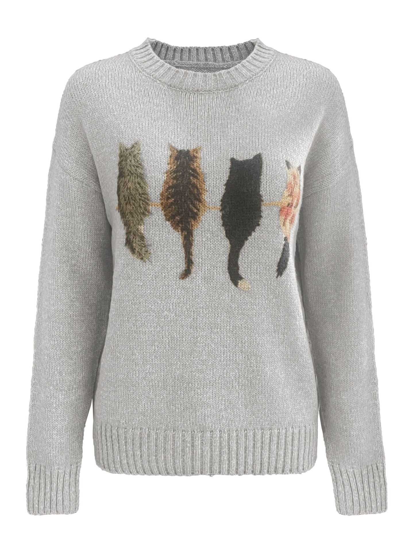 [Cozy Cat Sweater] Cozy Cable Sweater with Playful Cat Print | Women'S Beige & Brown, Loose Fit, Long Sleeve, Round Neck, Casual Spring And Autumn Top Ropa De Mujer Promotion Local Warehouse Discount