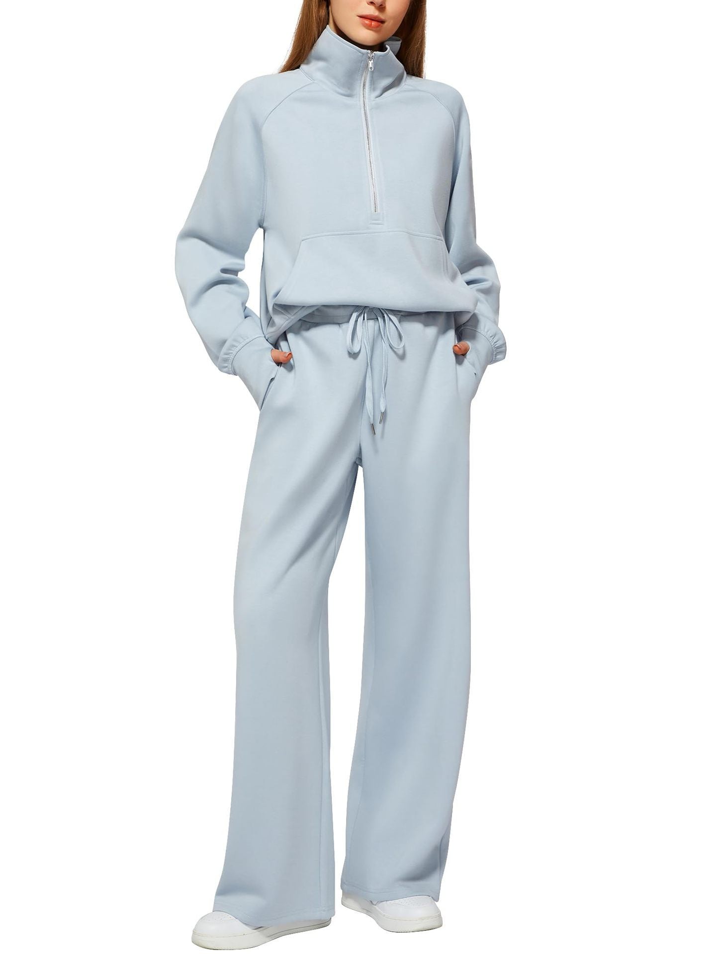 2Pcss Outfits for Women, Oversized Half-Zip Sweatshirt And Wide Leg Sweatpants Set, 2026 Spring Casual Lounge Tracksuit Women'S Trendy 2Pcss Matching Set, Oversized Quarter-Zip Pullover And Loose Wide Leg Trousers, Chic Spring Sporty Outfits