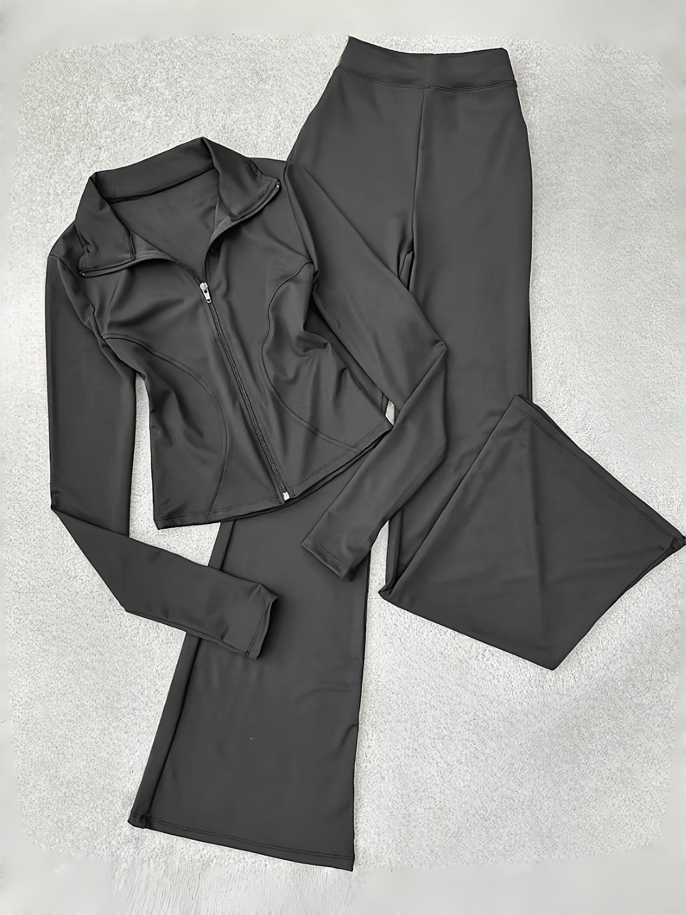 Zippered Long-sleeved Top with Flared Pants Set - Fashionable And Elegant Women's Outfit for Daily Casual Wear, And S. Available In Black, Gray And Beige Colors. Women's Tight Casual Outdoor Attire.