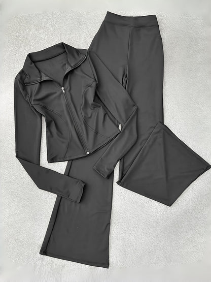 Zippered Long-sleeved Top with Flared Pants Set - Fashionable And Elegant Women's Outfit for Daily Casual Wear, And S. Available In Black, Gray And Beige Colors. Women's Tight Casual Outdoor Attire.