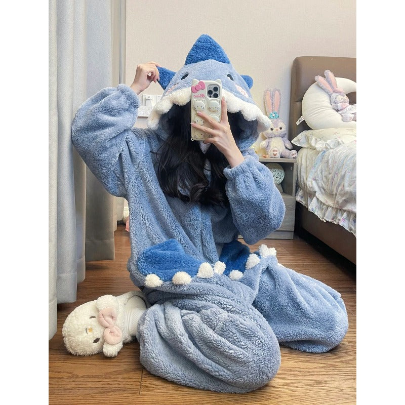 [Hooded Coral Fleece] Winter Jumpsuit Sleepwear, Cute And Sweet Shark Nightgown, Hooded Coral Fleece Thickened And Plush Cartoon Home Outfit