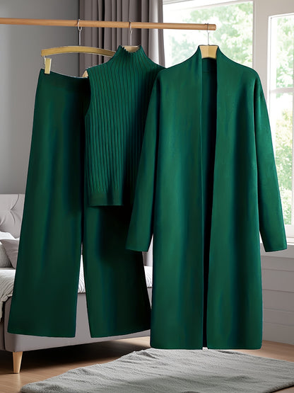New Autumn And Winter Women'S Loose Set, Including Long Wide-Leg Pants, a Shawl Cardigan, And a High-Neck Vest Sweater, a Fashionable Three-Piece Set