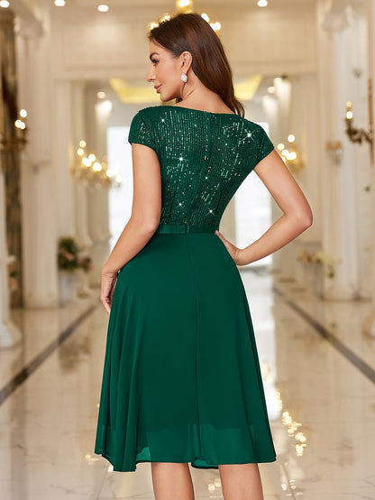Y82016 Elegant Women's Glitter Sequin Chiffon A-Line Bridesmaid Dress with Cap Sleeves & Ruffled Hem - Sparkling Wedding Party Dress for Bridesmaids, Prom, Birthday, Formal Evening Gown - Machine Washable Chiffon