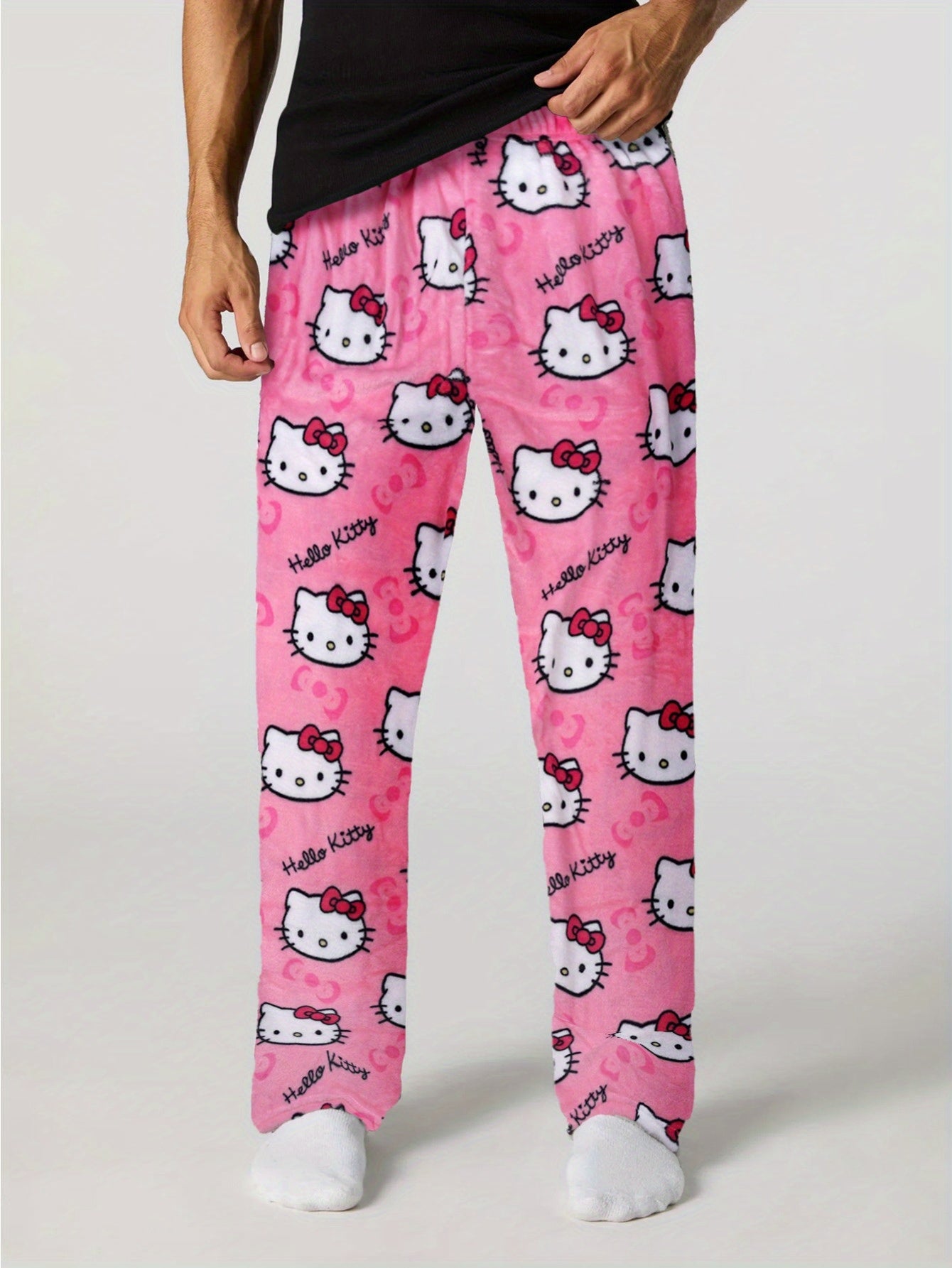 Sanrio Hello Kitty Men's Anime Pajamas - Hello Kitty Face & Iconic Print Flannel Sleepwear, Cozy Winter Lounge Pants, Machine Washable Cartoon Sleepwear for & Men (-)