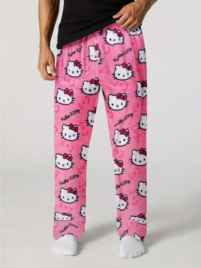 Sanrio Hello Kitty Men's Anime Pajamas - Hello Kitty Face & Iconic Print Flannel Sleepwear, Cozy Winter Lounge Pants, Machine Washable Cartoon Sleepwear for & Men (-)