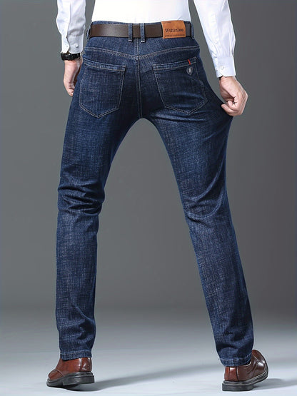 Men's High-Stretch Straight-Leg Business Casual Jeans - Premium Water-Washed Denim, Regular Fit Light Blue with Red Stitching, Autumn/Winter Formal & Casual Attire