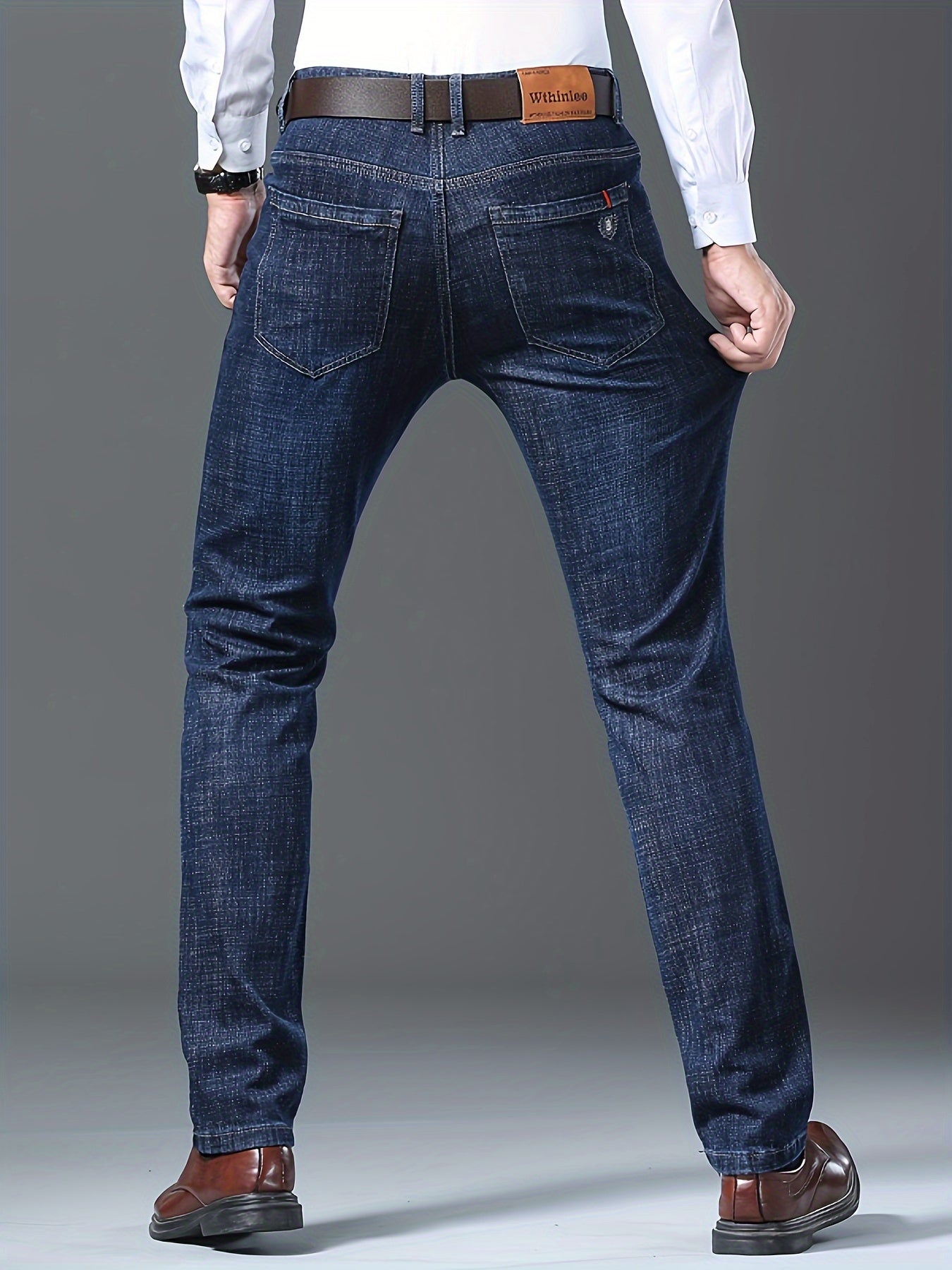 Men's High-Stretch Straight-Leg Business Casual Jeans - Premium Water-Washed Denim, Regular Fit Light Blue with Red Stitching, Autumn/Winter Formal & Casual Attire