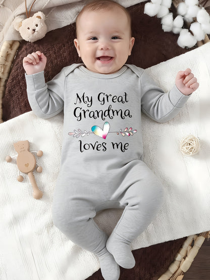 Baby Cotton Onesie with "My Great Grandma Loves Me" Lettering - Soft Long Sleeve Newborn Romper, Easy On/Off Outfits Suitable for Spring Summer Fall, Grandma-Themed Clothing, Perfect for Outdoor