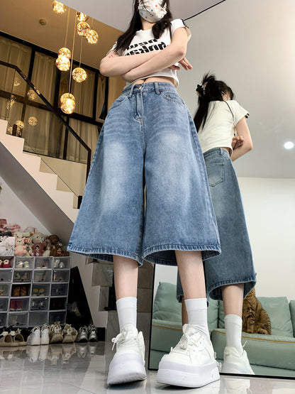 High-Waisted Denim Shorts for Women, Featuring a Casual Straight Leg Design with a Button Fly, Available in Solid Colors with a Slight Stretch And Washed Detailing, Perfect for Spring And Summer