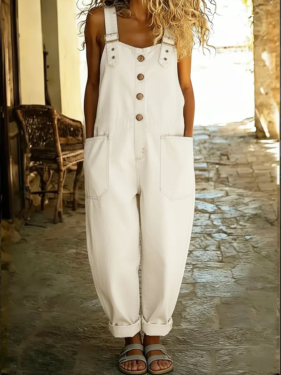 Plus Size, Items Run Small, Please Order According to Our Size Chart. Plus Size Women's Casual Loose Denim Overalls with Button Pockets, Denim Jumpsuit for Daily Wear.