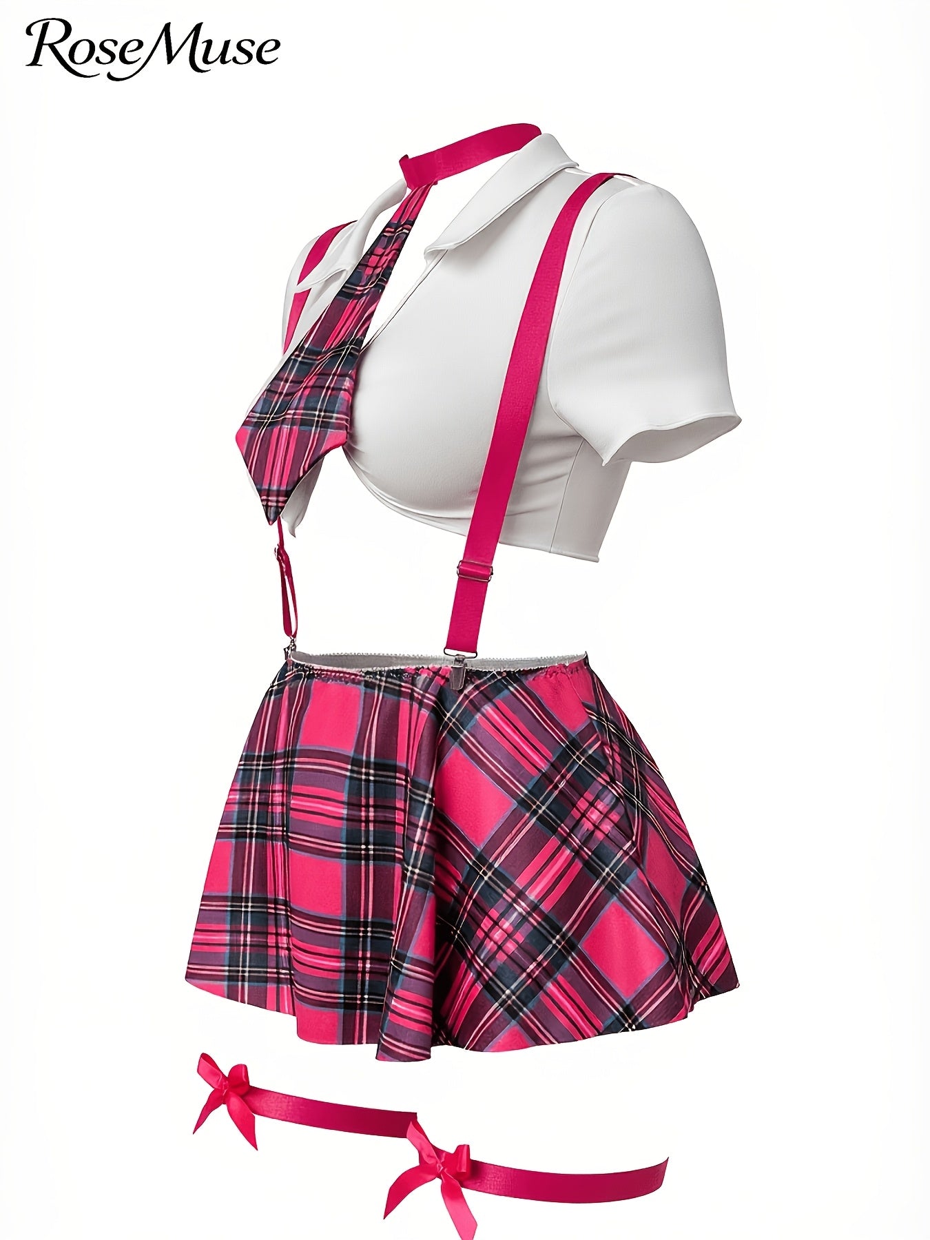 New European And American Style Plus-Size Women'S Cosplay Uniform Set: Plaid Suspender Mini Skirt, Top, Panties, Bow Tie, And Bow Leg Cuffs - 8pcs Set, Laid Skirt Sleeves Uniform Lingerie Set