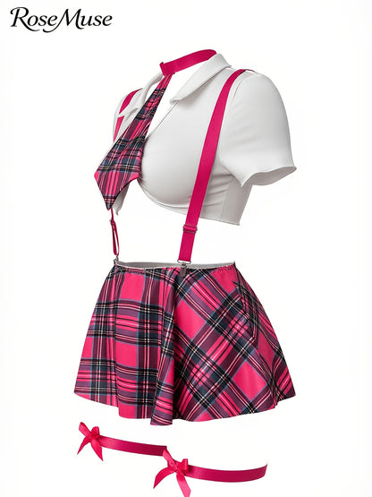 New European And American Style Plus-Size Women'S Cosplay Uniform Set: Plaid Suspender Mini Skirt, Top, Panties, Bow Tie, And Bow Leg Cuffs - 8pcs Set, Laid Skirt Sleeves Uniform Lingerie Set
