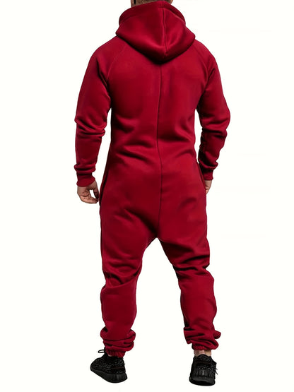 Men'S Hooded Fleece-Lined Jumpsuit with Long Sleeves, Full Zipper, And Kangaroo Pockets Suitable for Travel And Seaside Trips