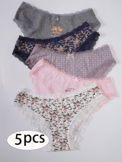 5-Pack Women'S Triangle Panties with Floral Print, Nude Comfortable Soft Stretchy Large Size Underwear with Bow Decoration, Simple Elegant Breathable Briefs - 2025 New Arrival