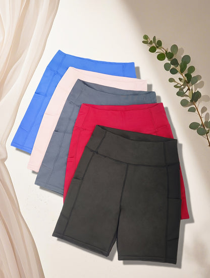 5pcs Women's Elasticated Yoga Shorts with Pockets, High-waisted for Abdominal Support, Suitable for Exercise, Running And Cycling, Sweat-absorbing Elasticated Cycling Pants, Training And Running 5pcs Yoga Shorts