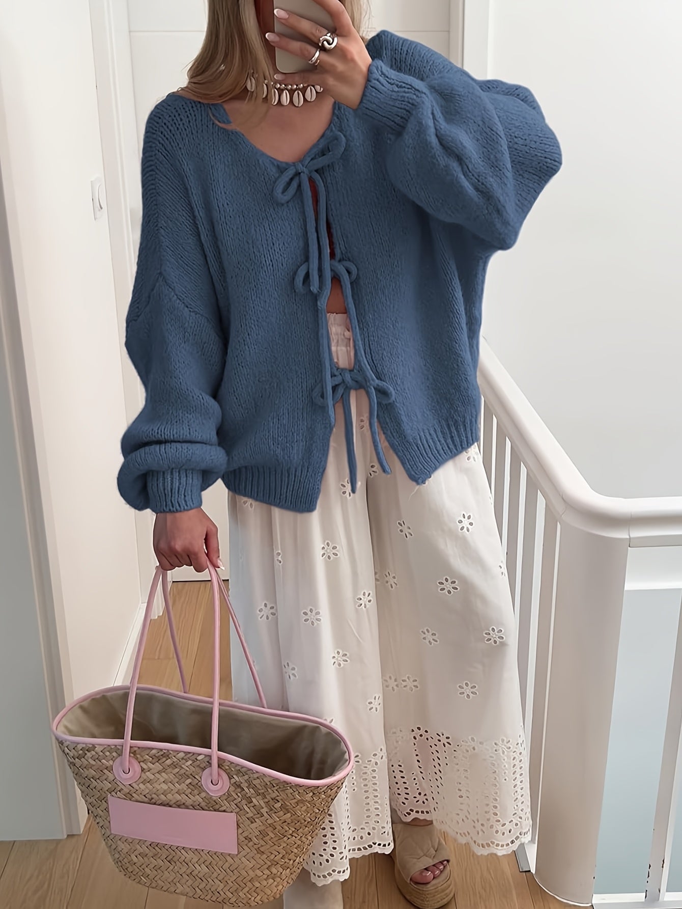 Women'S Oversized Bowtie Sweater Cardigan with Y2K Vibe Long Sleeves V Neck Open Front Casual Wear