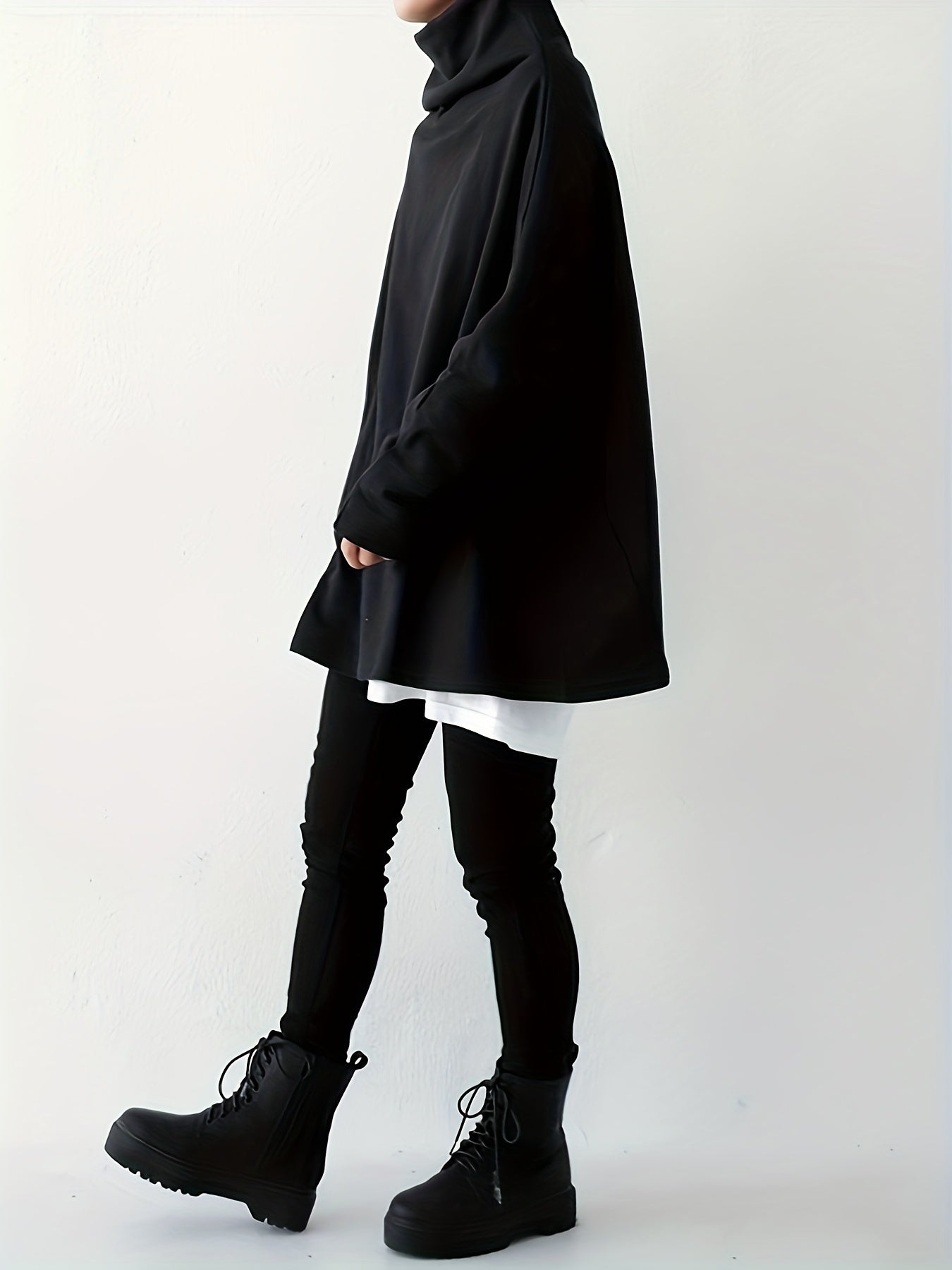 Women's Oversize Simple Tops 2024 New Fashion Casual Solid Color High-Neck Long Sleeve T-Shirt