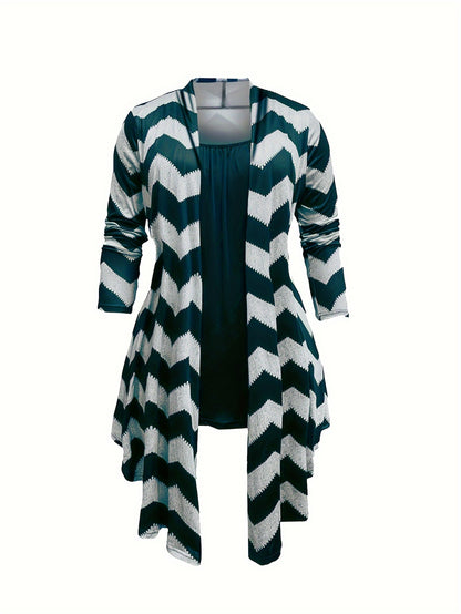 Three Piece Women's Plus Size Casual Outfits Set - Wave Trim Long Sleeve Coat, Cami Top, And Leggings - Stylish And Comfortable