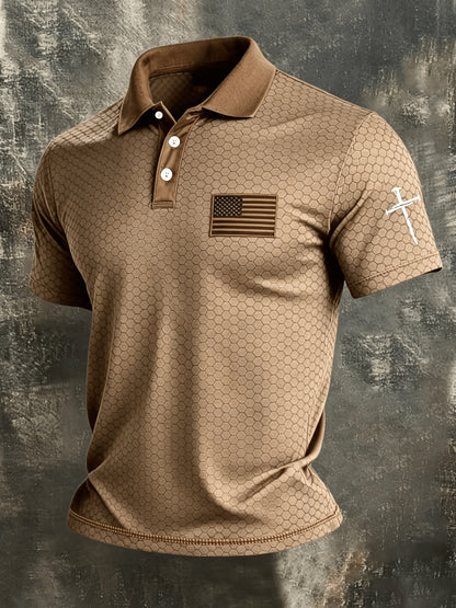 American Flag Gradient Cross Print Polo Shirt for Men's Casual Lapel Short Sleeved Patriotic Themed Commuting Top, American Flag Armband Contrasting Striped Short Sleeved Casual Business Lapel Top