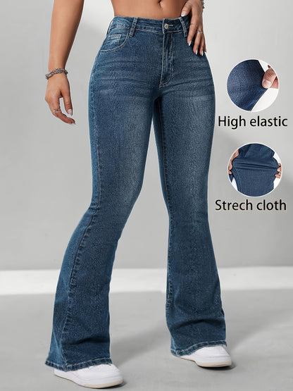 Stylish Versatile Retro Blue High-Waist Stretch Slim-Fit Women'S Flared Jeans