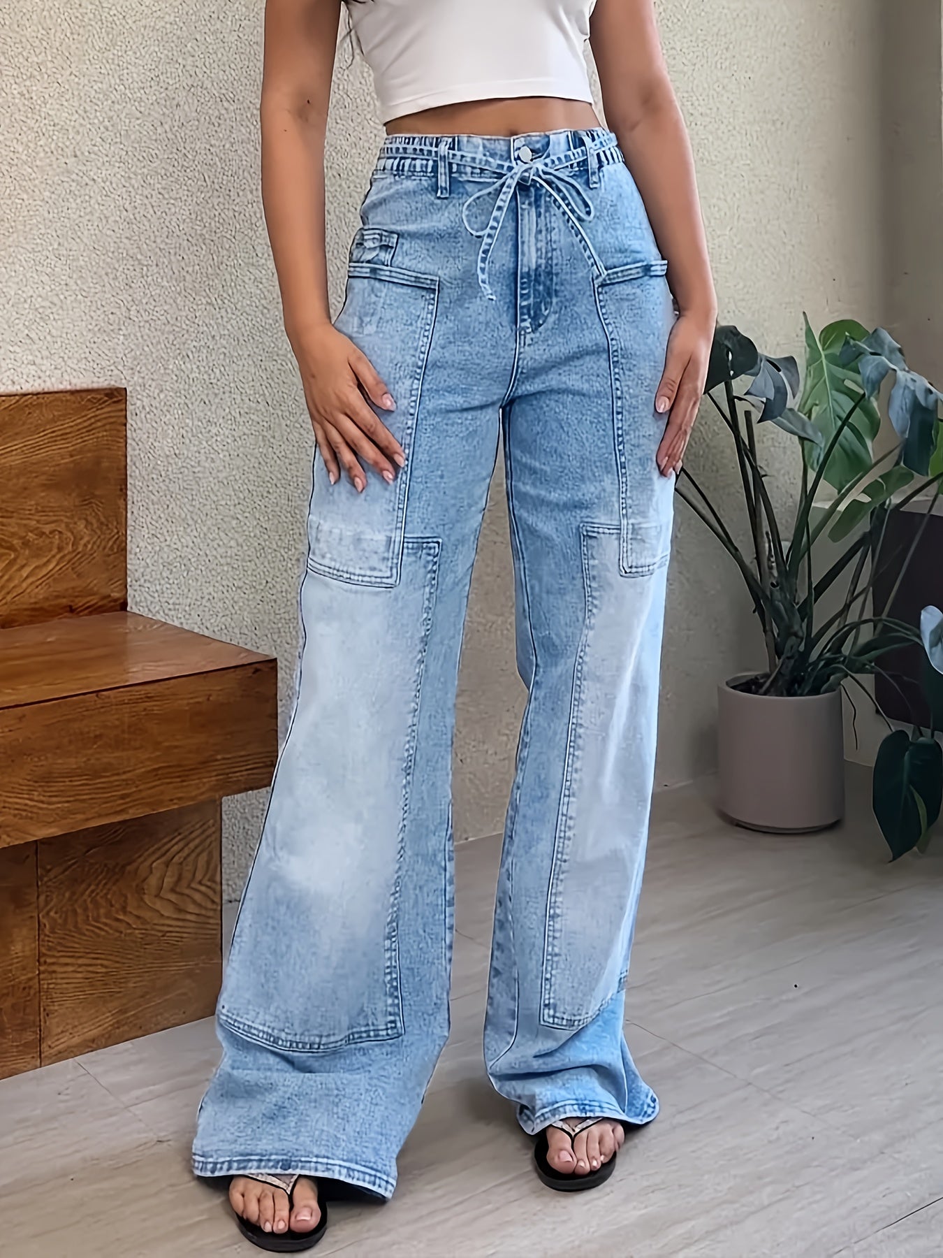 HME New Autumn/Winter Women's Non-Stretch Semi-Elastic Waist Pants, All-Season Wear, Washed Denim Fashion Vintage Multi-Pocket Patchwork Cargo Casual Jeans