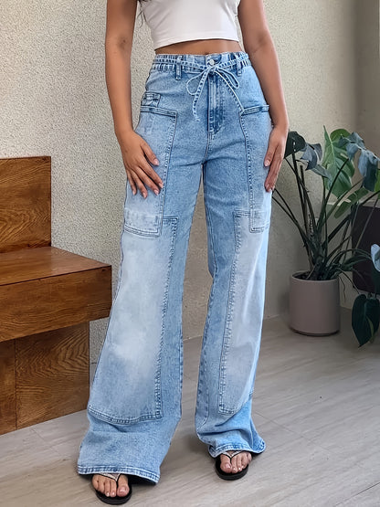 HME New Autumn/Winter Women's Non-Stretch Semi-Elastic Waist Pants, All-Season Wear, Washed Denim Fashion Vintage Multi-Pocket Patchwork Cargo Casual Jeans