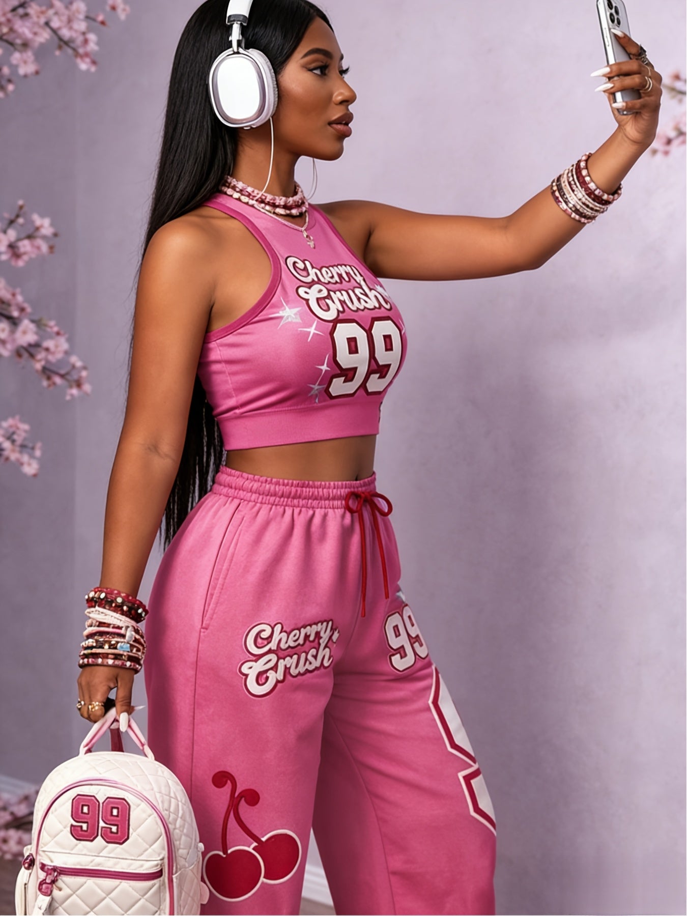 Vest Wide-Leg Pants - Two-Piece Set - Casual Street Fashion Versatile - Color-Blocking Belt Jumpsuit - Loose Pants Suit - Party Sexy Hot Outfit - Number 10 Print Drawstring Waistband - Suitable for Multiple Occasions