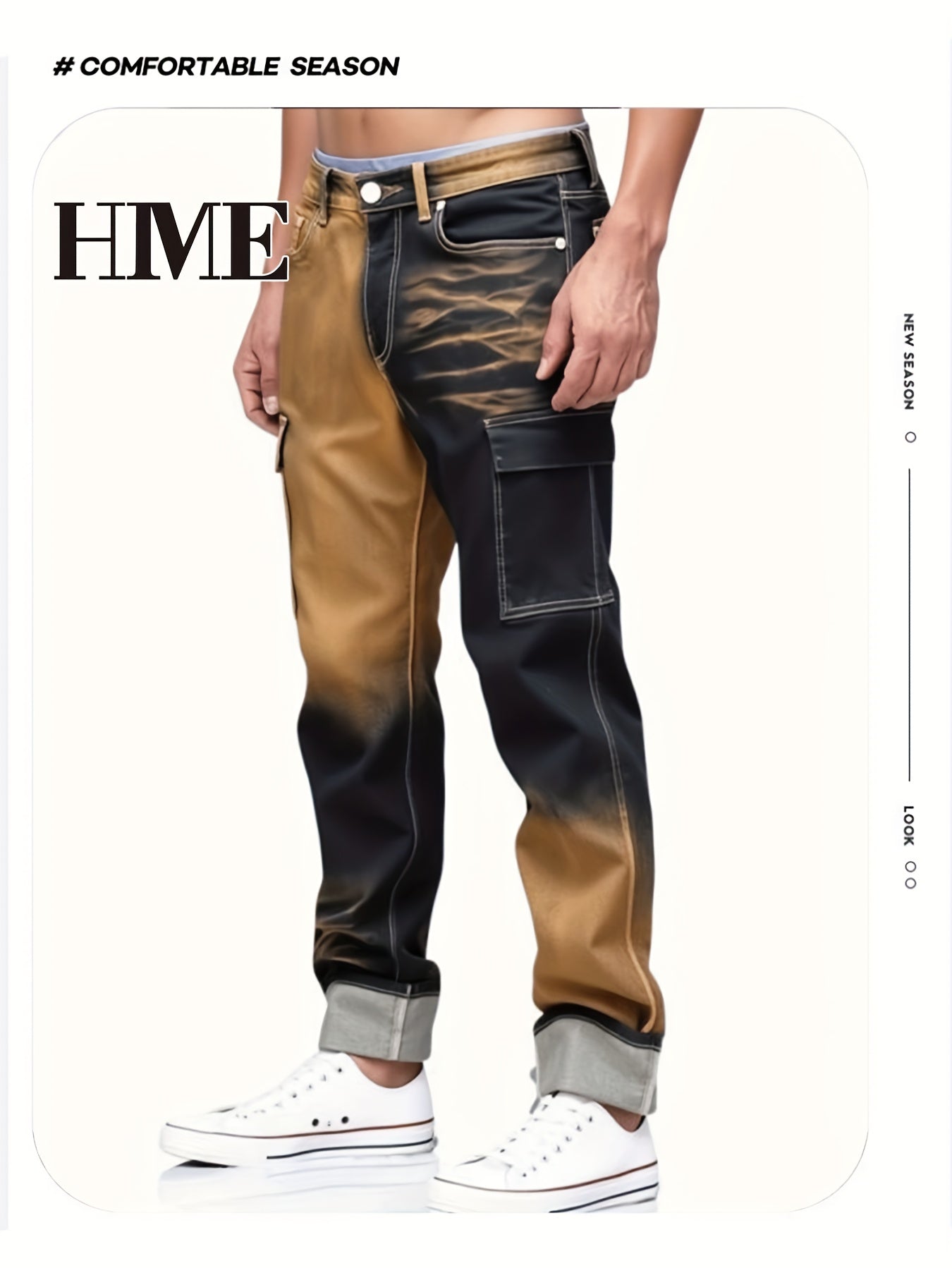 HME Men's Color Block Denim Pants, Gradient Multi-Pocket Jeans, Trendy Two-Tone Washed Street Style Versatile Jeans, Mid-Rise Stretch Slim Fit Classic Five-Pocket Design, All-Season Wear, Elastic Fabric Suitable for Machine Wash, Built-in YKK Zipper